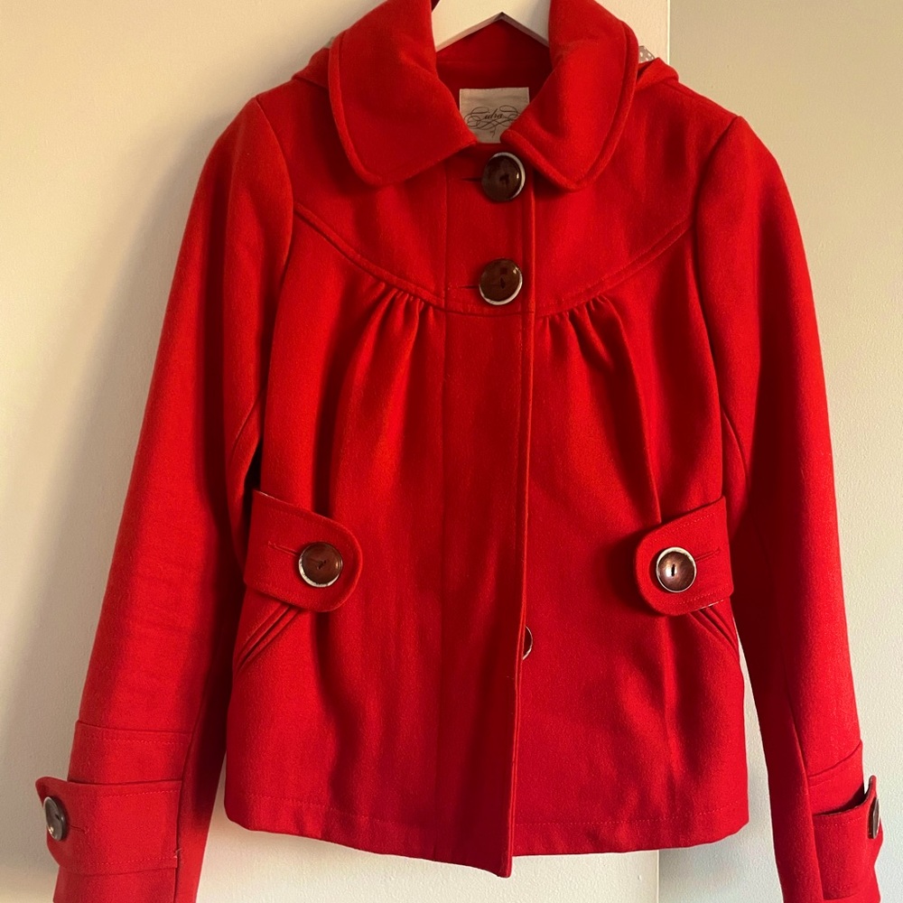 Anthropologie Cidra Red Pea Coat in Size 2 w hood & light gray patterned lining
